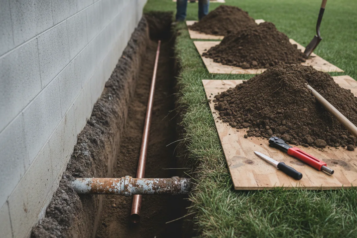 Excavated water line trench during Sewer Line Repair in Millstone Township